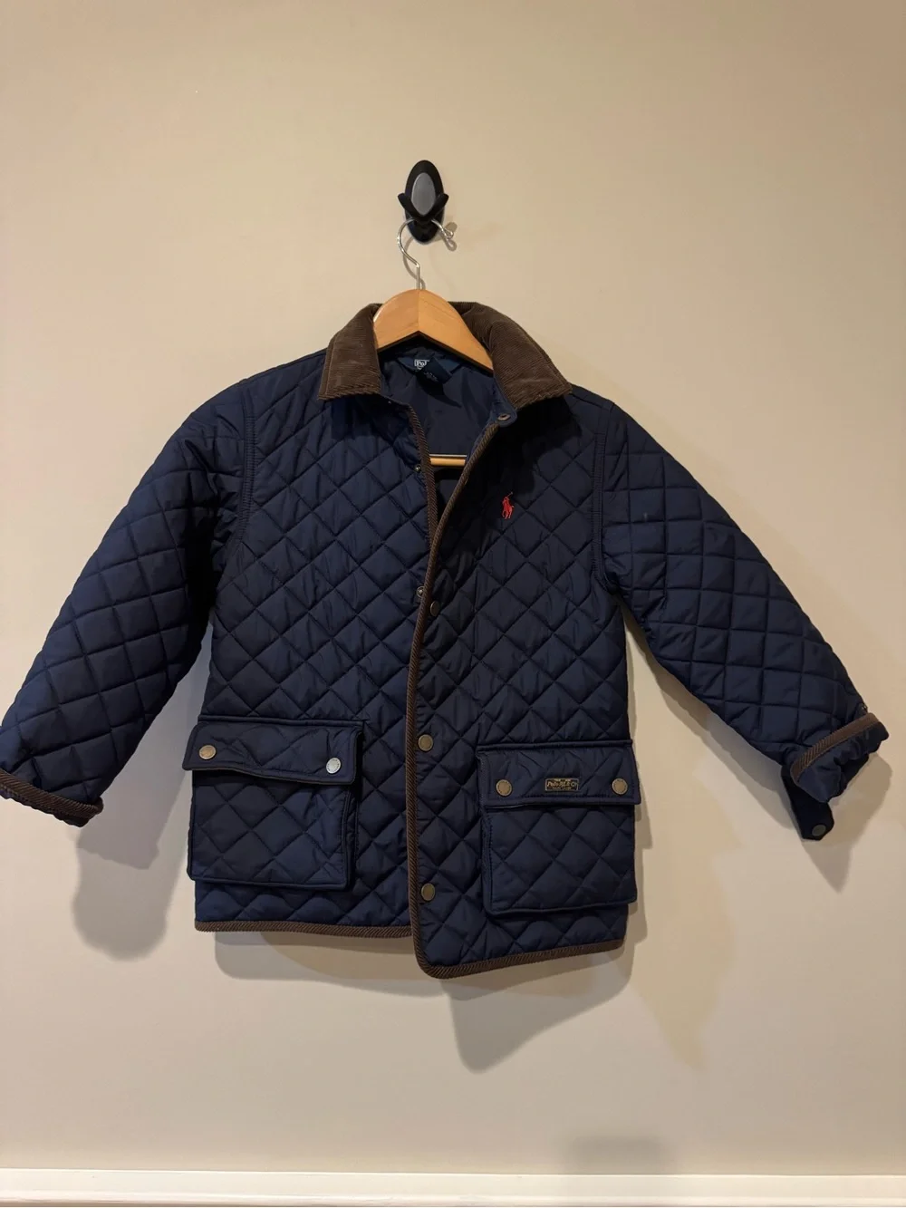 Ralph Lauren Navy Quilted Puffer Jacket with Brown Cord Collar